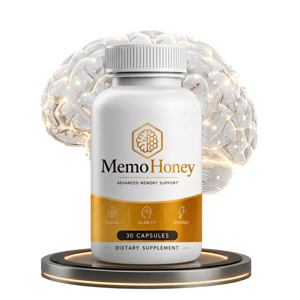 MemoHoney advanced memory support capsule bottle with glowing brain graphic