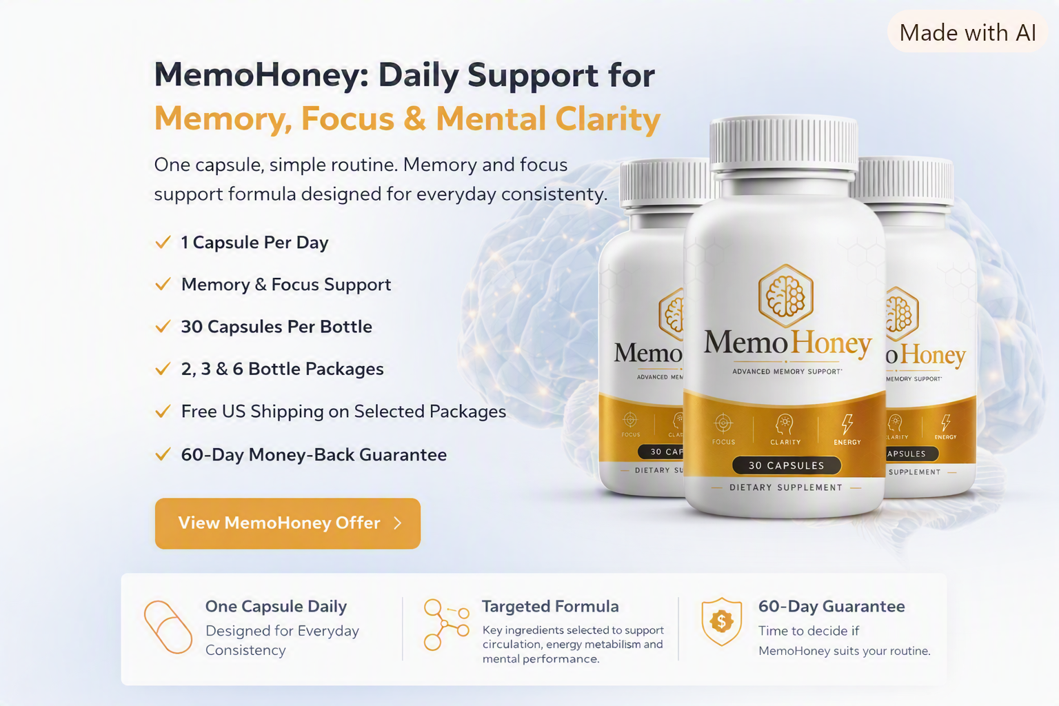 MemoHoney daily support: 1 capsule per day, memory and focus support, 30 capsules per bottle, free US shipping, 60-day guarantee