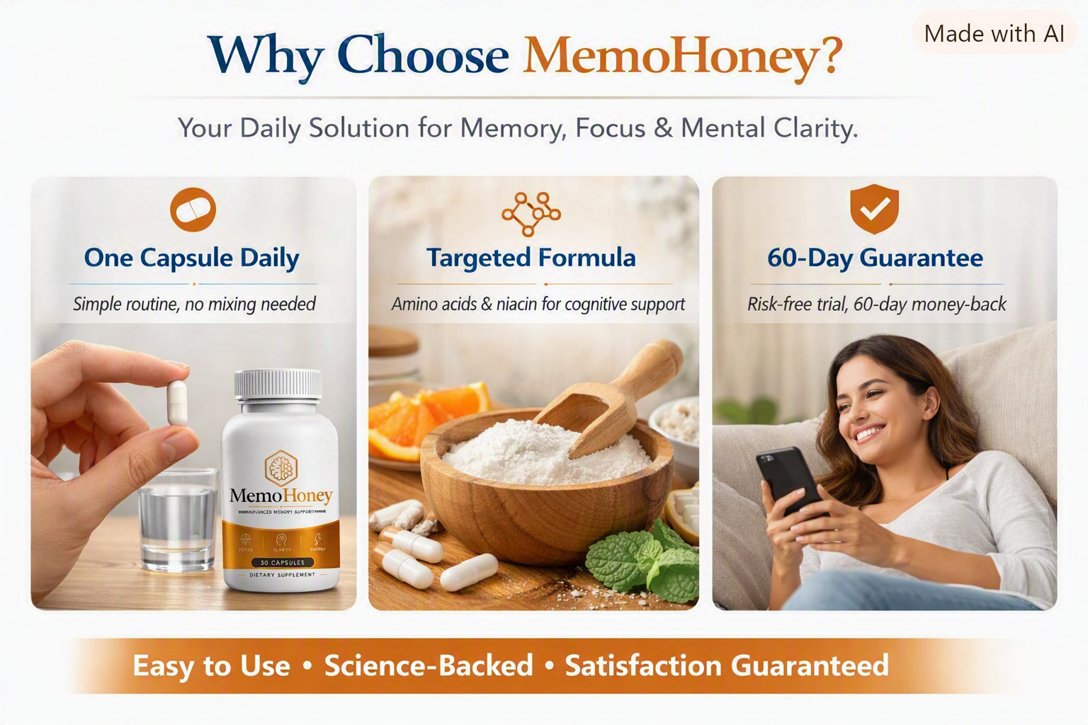 Why choose MemoHoney: one capsule daily, targeted formula, 60-day guarantee — easy to use, science-backed, satisfaction guaranteed